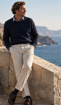 Uomo in maglione blu appoggiato a un muretto sul mare
